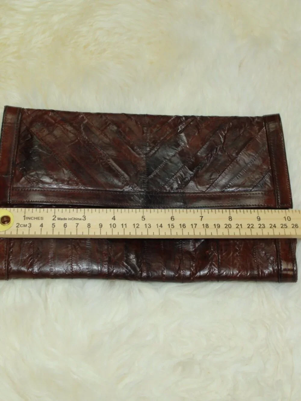 Genuine Eel Skin Burgundy Snap Flap Zip Pockets Organizer Clutch Purse - Vintage